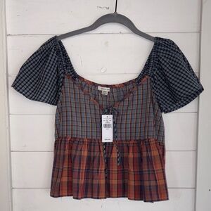 American Eagle Plaid Blouse with Short Sleeves